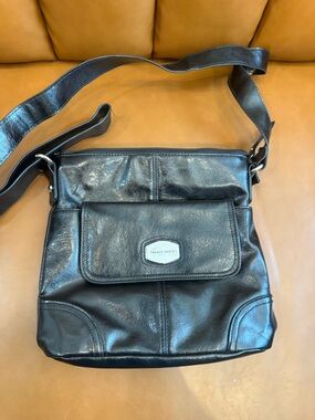 Franco Sarto Black Leather Messenger Bag with Front Flap